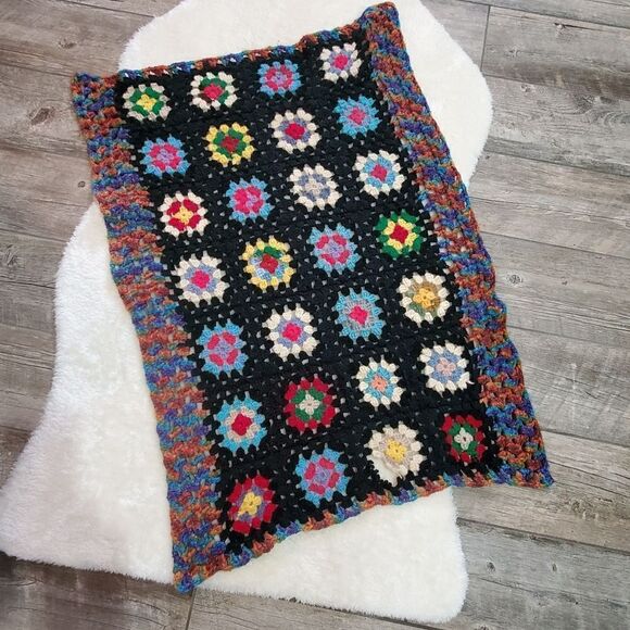 Handmade Black and Floral Afghan Lap Blanket, Approximately 30" x 42" - Picture 1 of 5